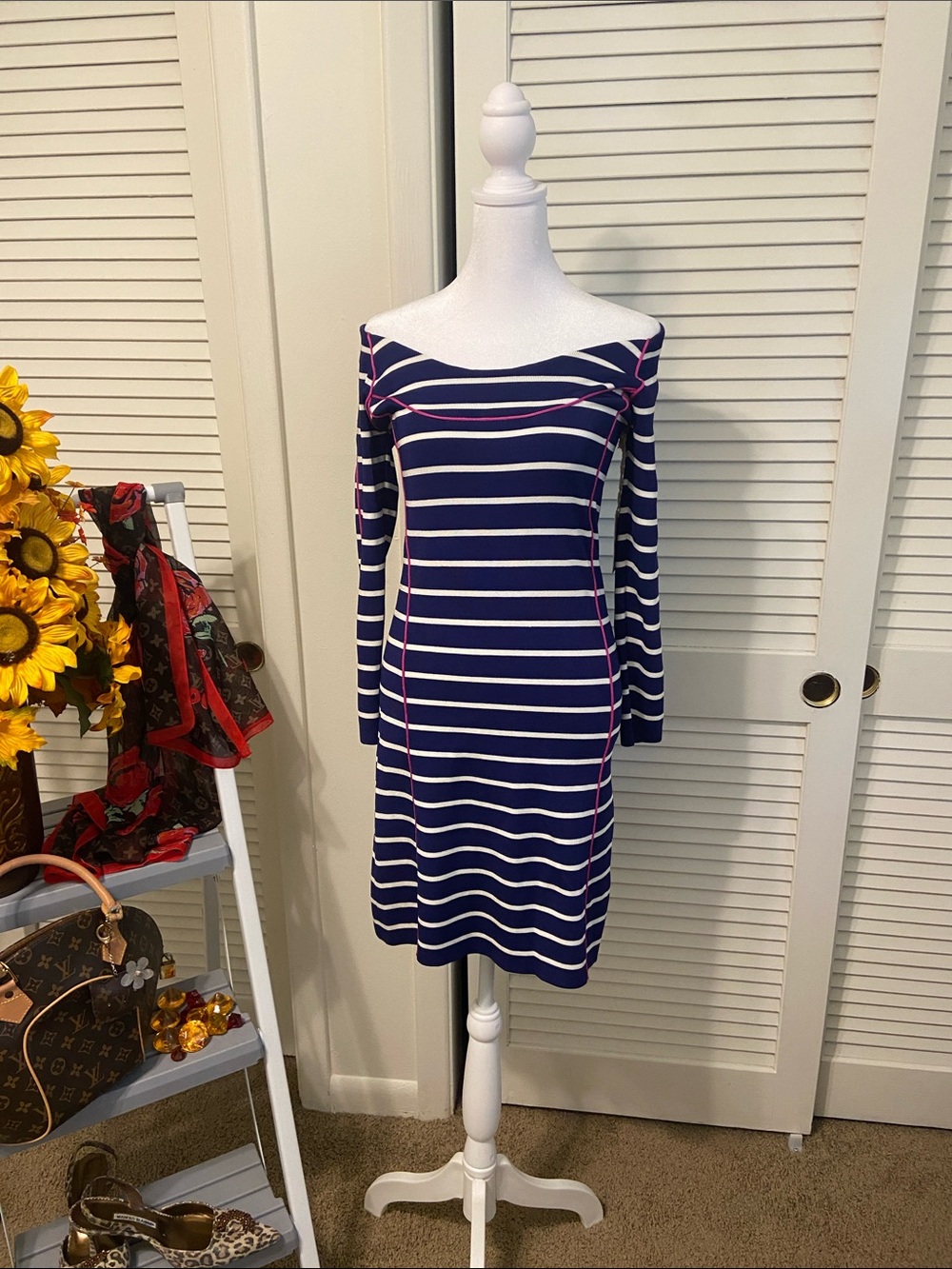 Navy & White Off-Shoulder Stripe Knit Dress